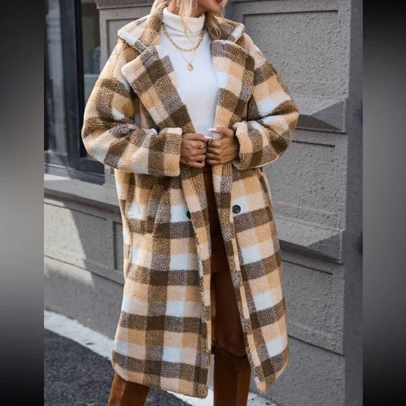 Cozy plaid lapel neck teddy coat